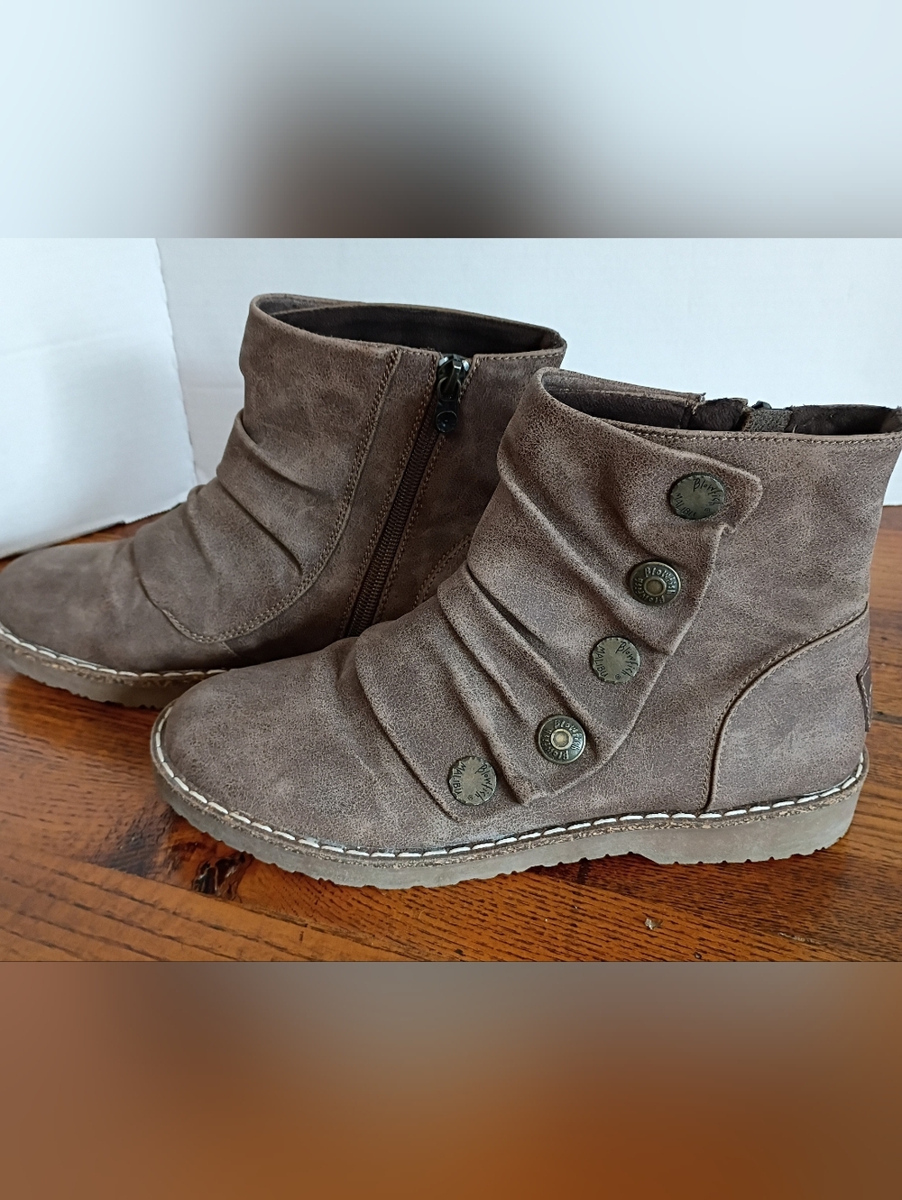 Women’s Taupe Ruched Ankle Booties with Decorative Button Detail.  Blowfish Boho